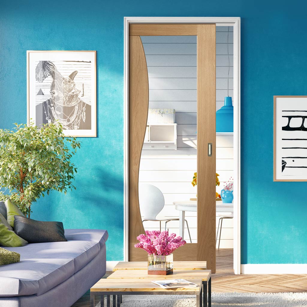 Bespoke Emilia Oak Glazed Single Pocket Door - Stepped Panel Design
