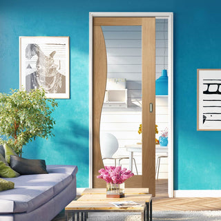 Image: Bespoke Emilia Oak Glazed Single Pocket Door - Stepped Panel Design