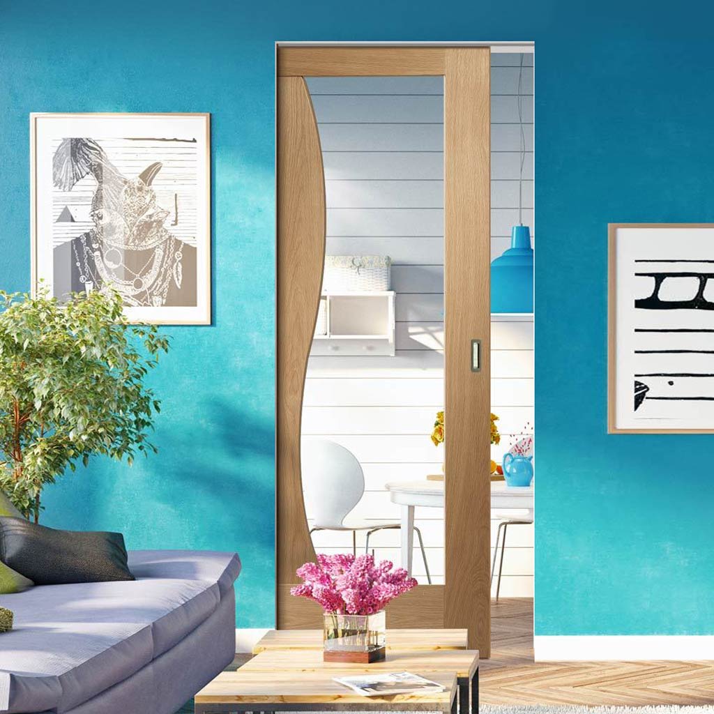 Bespoke Emilia Oak Glazed Single Frameless Pocket Door - Stepped Panel Design
