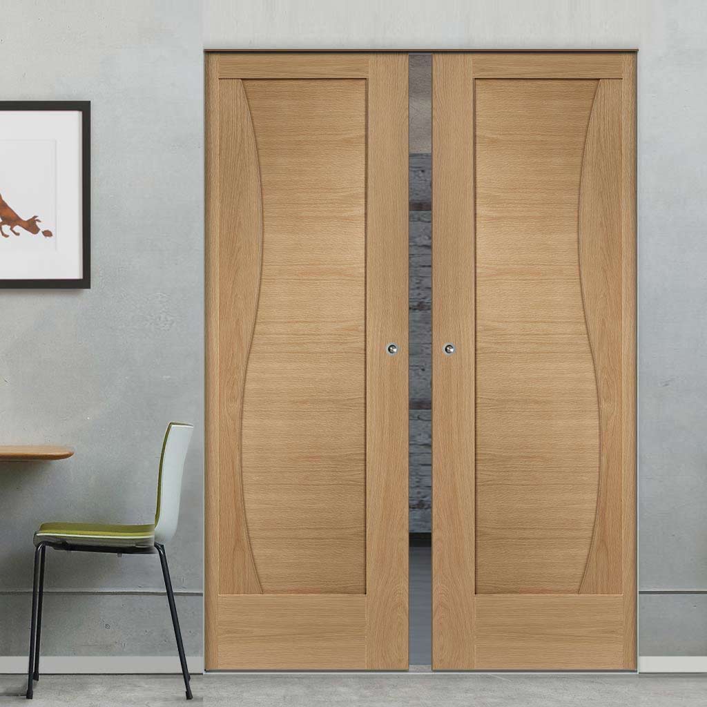 Emilia Oak Flush Absolute Evokit Pocket Double Pocket Door - Stepped Panel Design