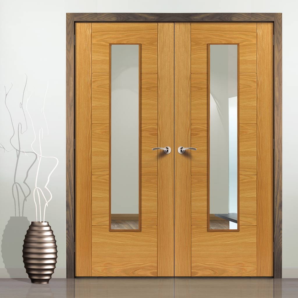 J B Kind Emral Oak Fire Door Pair - Clear Glass - 30 Minute Fire Rated - Prefinished