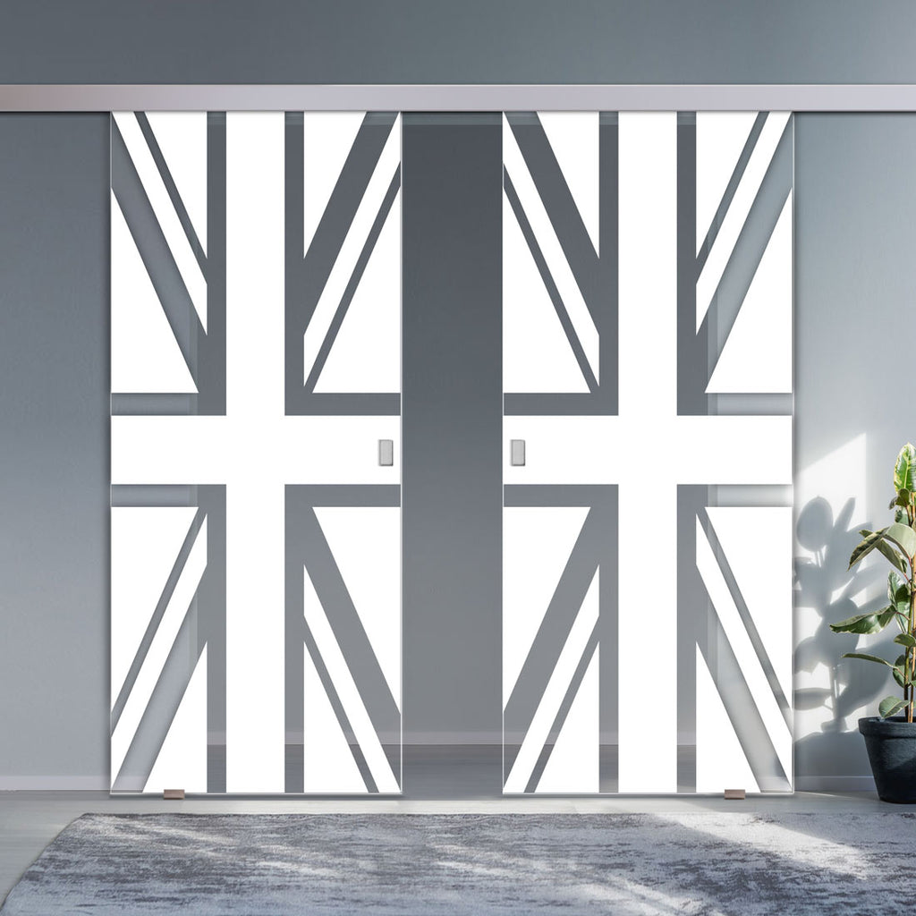Double Glass Sliding Door - Union Jack Flag 8mm Obscure Glass - Clear Printed Design with Elegant Track