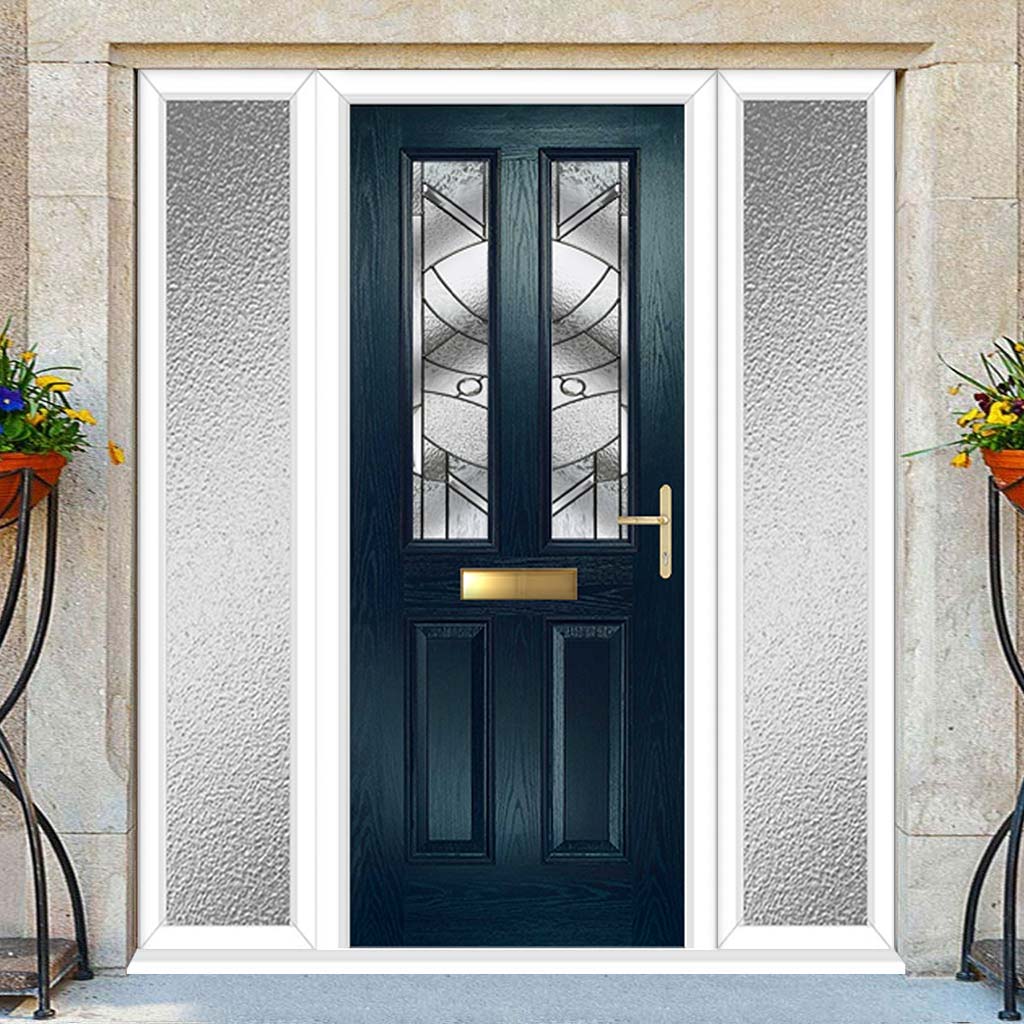Premium Composite Front Door Set with Two Side Screens - Esprit 2 Abstract Glass - Shown in Blue