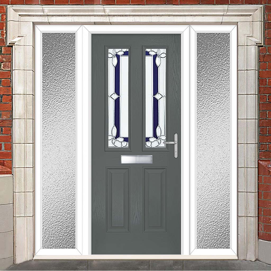 Premium Composite Front Door Set with Two Side Screens - Esprit 2 Winestead Blue Glass - Shown in Mouse Grey