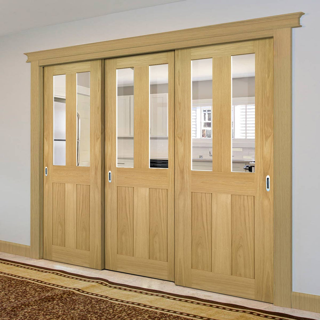 Pass-Easi Three Sliding Doors and Frame Kit - Eton Real American White Oak Veneer Door - Clear Glass - Unfinished