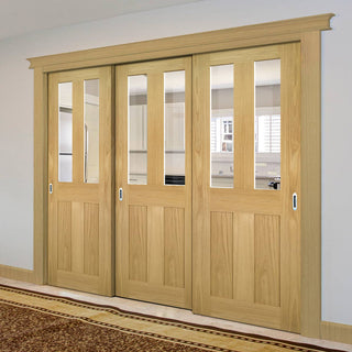 Image: Pass-Easi Three Sliding Doors and Frame Kit - Eton Real American White Oak Veneer Door - Clear Glass - Unfinished