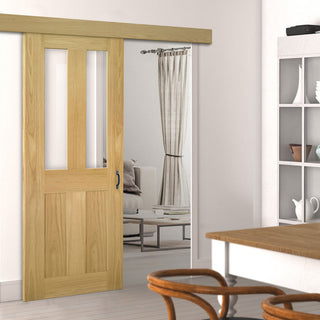 Image: Single Sliding Door & Wall Track - Eton Real American White Oak Veneer Door - Clear Glass - Unfinished