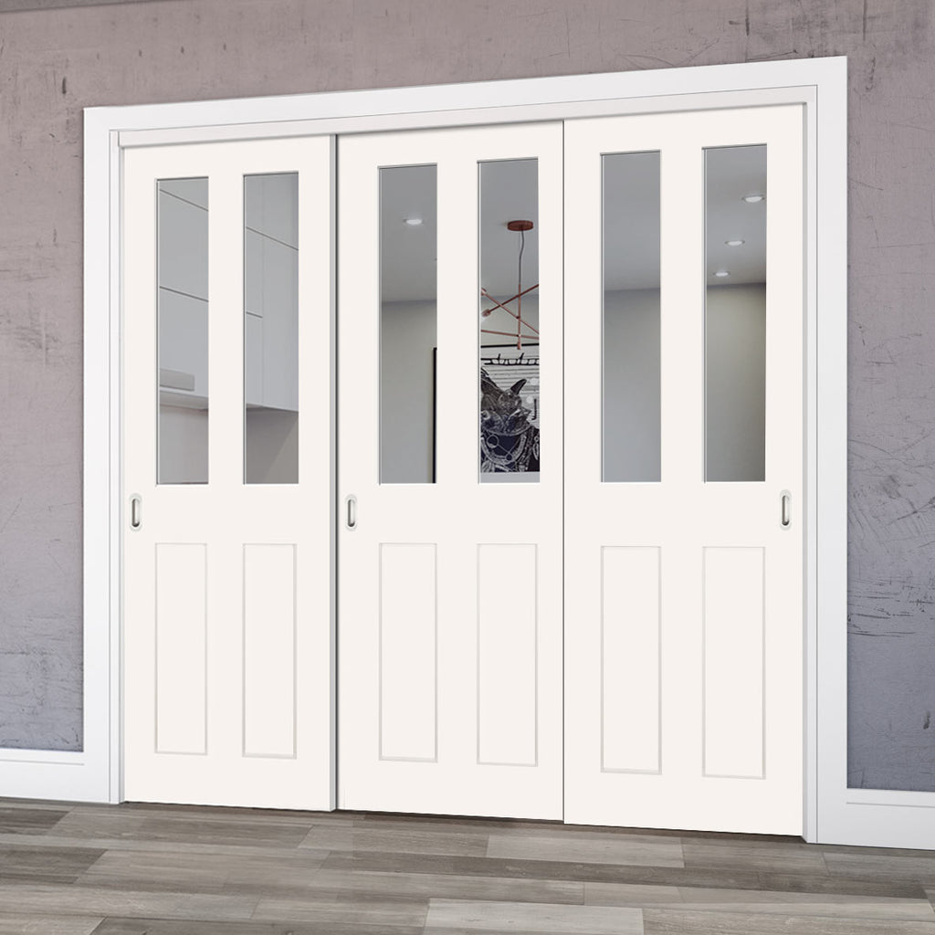 Pass-Easi Three Sliding Doors and Frame Kit - Eton White Primed Victorian Shaker Door - Clear Glass