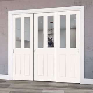 Image: Pass-Easi Three Sliding Doors and Frame Kit - Eton White Primed Victorian Shaker Door - Clear Glass
