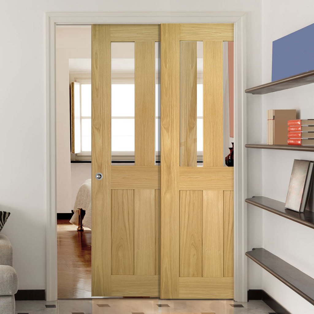 Eton American White Oak Veneer Staffetta Twin Telescopic Pocket Doors - Clear Glass - Unfinished