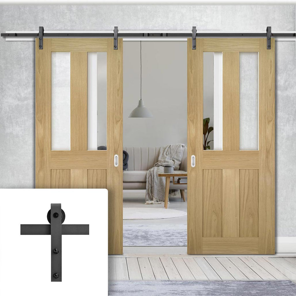 Double Sliding Door & Black Barn Track - Eton American Oak Veneer Door - Clear Safety Glass - Unfinished