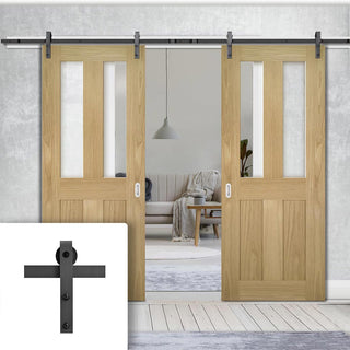 Image: Double Sliding Door & Black Barn Track - Eton American Oak Veneer Door - Clear Safety Glass - Unfinished