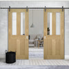 Double Sliding Door & Black Barn Track - Eton American Oak Veneer Door - Clear Safety Glass - Unfinished