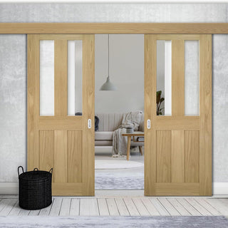 Image: Double Sliding Door & Wall Track - Eton Real American White Oak Veneer Door - Clear Glass - Unfinished