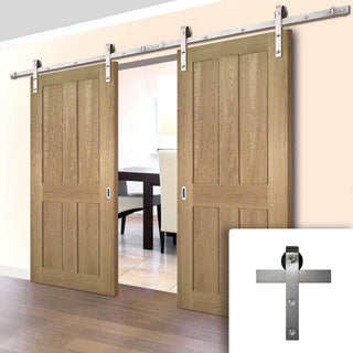 Image: Double Sliding Door & Stainless Barn Steel Track - Eton American Oak Veneer Door - Unfinished