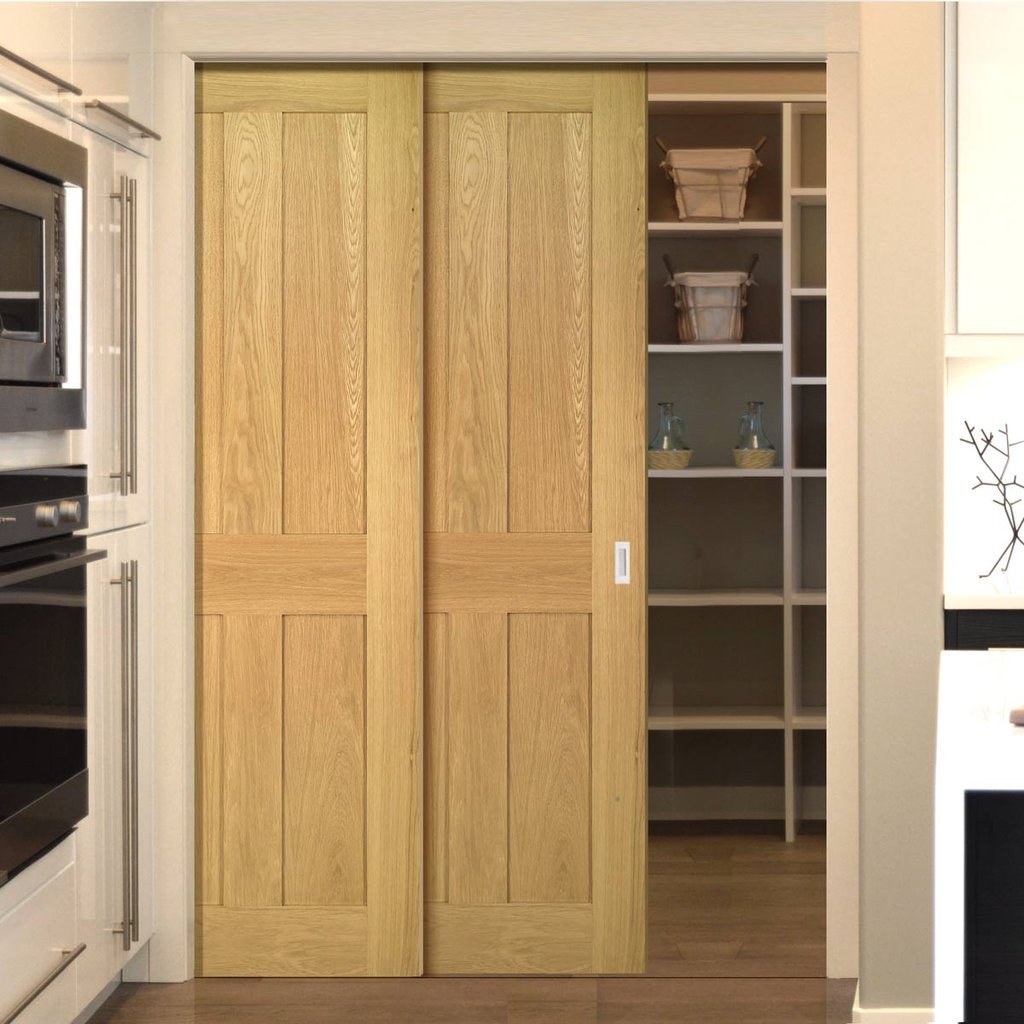 Eton American White Oak Veneer Staffetta Twin Telescopic Pocket Doors - Unfinished