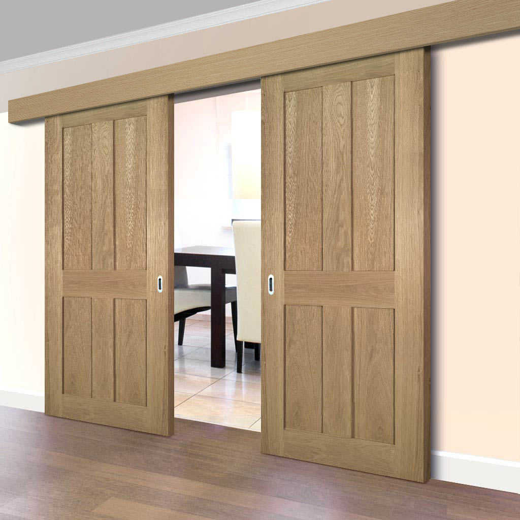 Double Sliding Door & Wall Track - Eton Real American White Oak Veneer Door - Unfinished