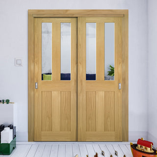 Image: Pass-Easi Two Sliding Doors and Frame Kit - Eton Real American White Oak Veneer Door - Clear Glass - Unfinished