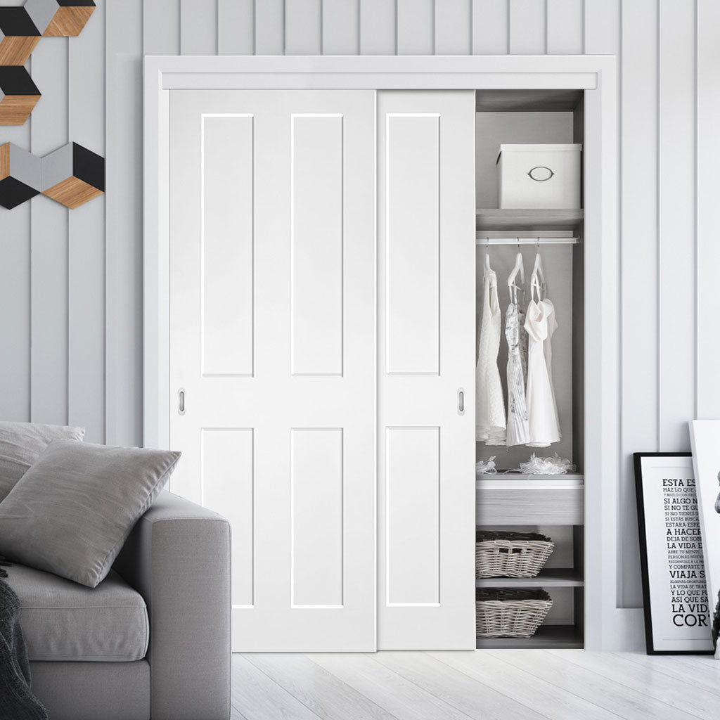 Two Sliding Maximal Wardrobe Doors & Frame Kit - Eton White Primed Victorian Shaker Door