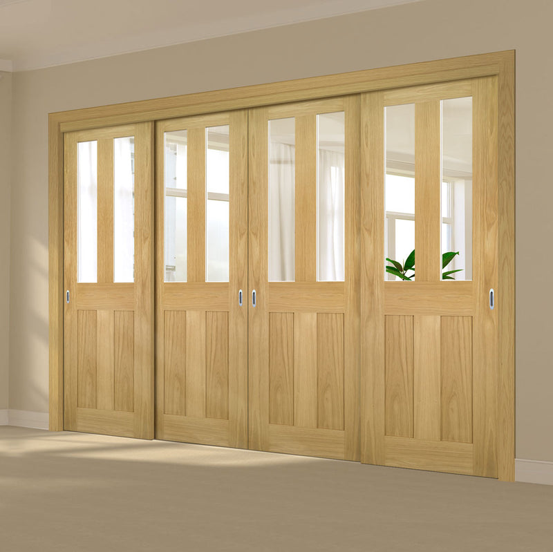 Pass-Easi Four Sliding Doors and Frame Kit - Eton Real American White Oak Veneer Door - Clear Glass - Unfinished