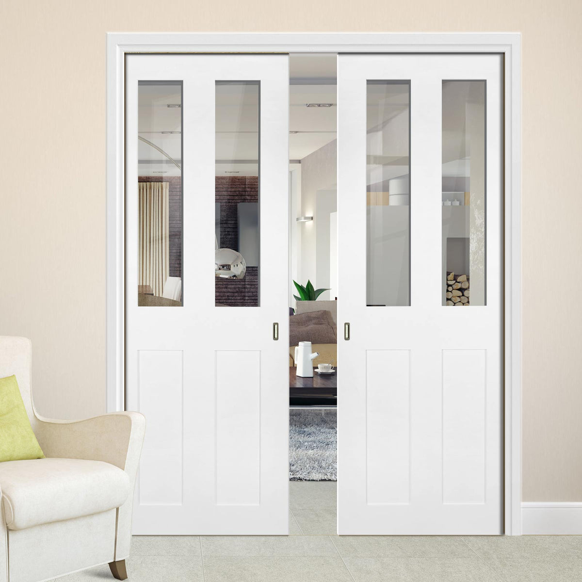 Eton Victorian Shaker Double Evokit Pocket Doors - Clear Glass - White Primed