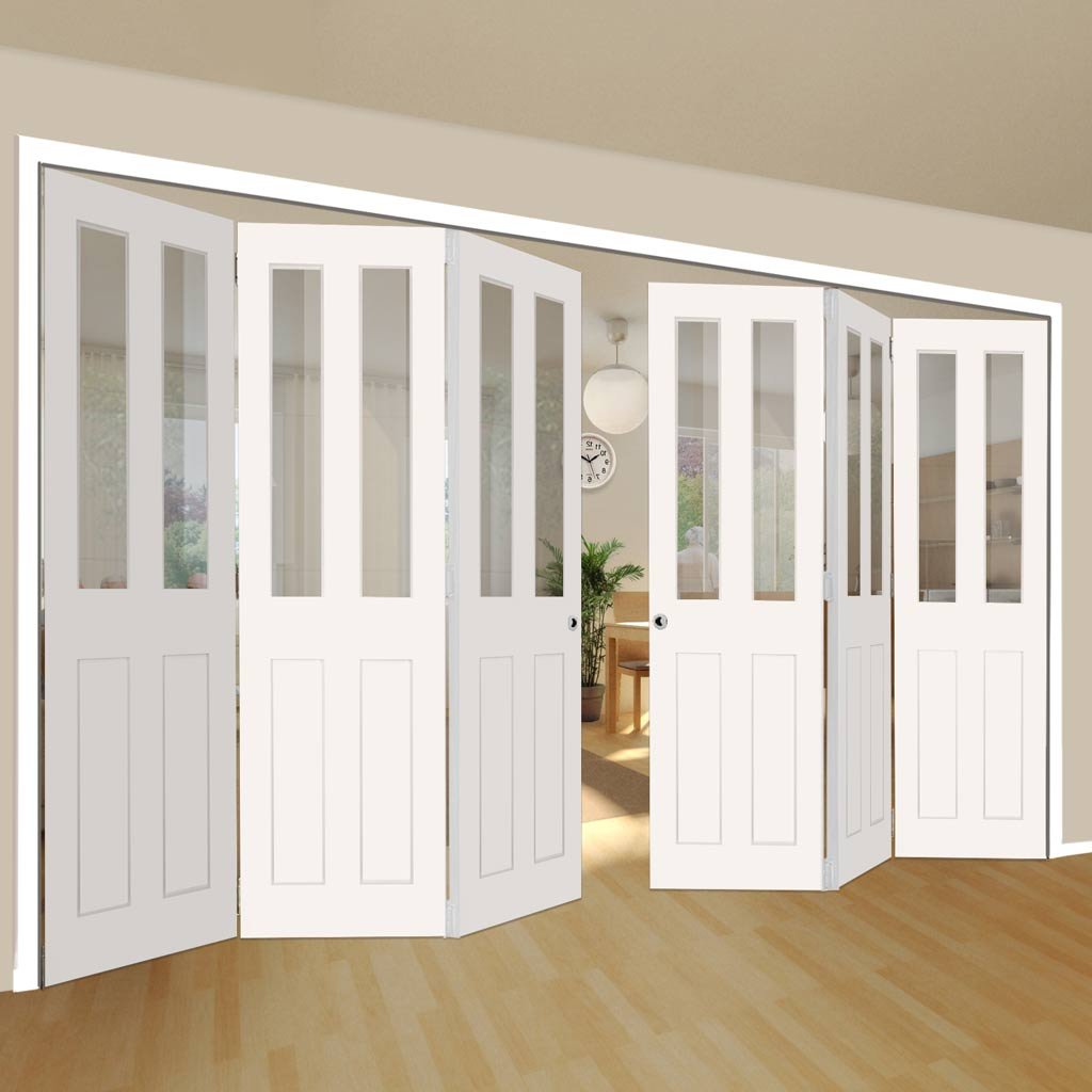 Six Folding Doors & Frame Kit - Eton Victorian Shaker 3+3 - Clear Glass - White Primed