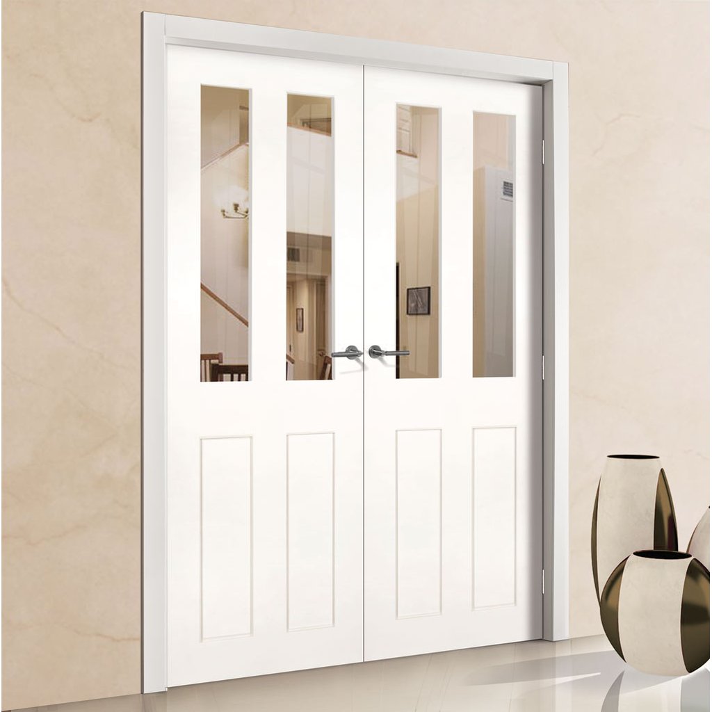 Eton White Primed Victorian Shaker Door Pair - Clear Glass