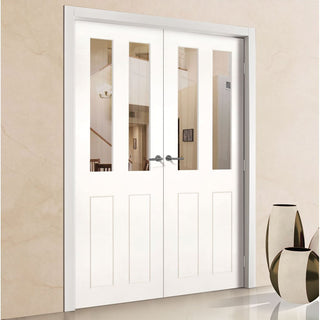 Image: Bespoke Eton White Primed Victorian Shaker Internal Door Pair - Clear Glass