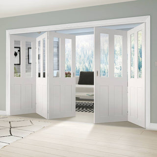 Image: Five Folding Doors & Frame Kit - Eton Victorian Shaker 3+2 - Clear Glass - White Primed