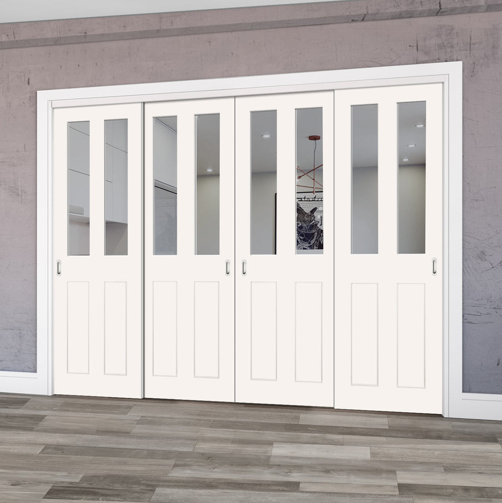 Pass-Easi Four Sliding Doors and Frame Kit - Eton White Primed Victorian Shaker Door - Clear Glass