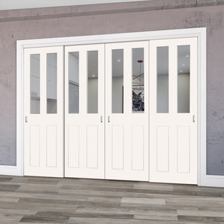 Image: Pass-Easi Four Sliding Doors and Frame Kit - Eton White Primed Victorian Shaker Door - Clear Glass
