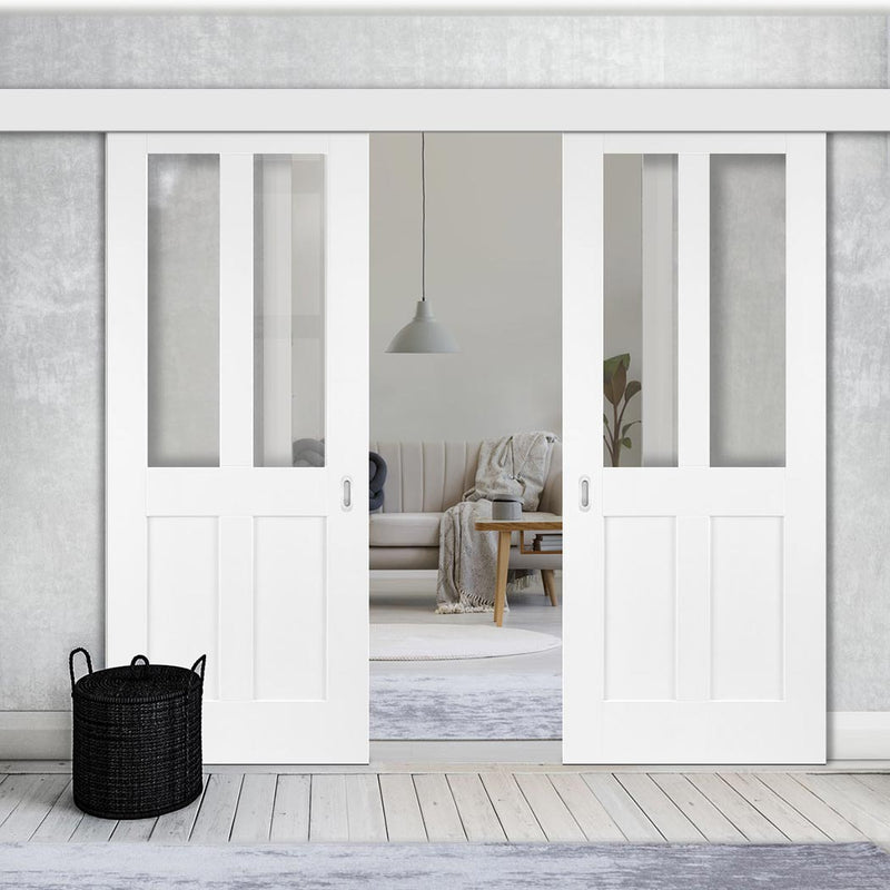 Double Sliding Door & Wall Track - Eton White Primed Victorian Shaker Door - Clear Glass