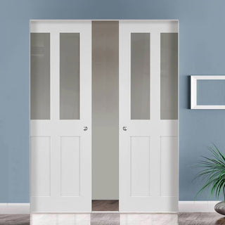 Image: Eton Victorian Shaker Absolute Evokit Double Pocket Doors - Clear Glass - White Primed