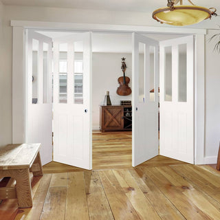 Image: Four Folding Doors & Frame Kit - Eton Victorian Shaker 2+2 - Clear Glass - White Primed