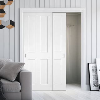 Image: Pass-Easi Two Sliding Doors and Frame Kit - Eton White Primed Victorian Shaker Door