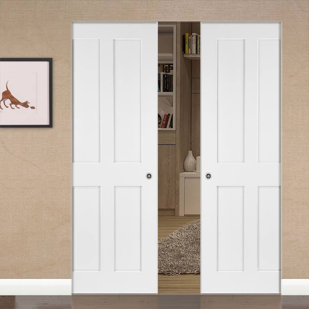 Eton Victorian Shaker Absolute Evokit Double Pocket Doors - White Primed