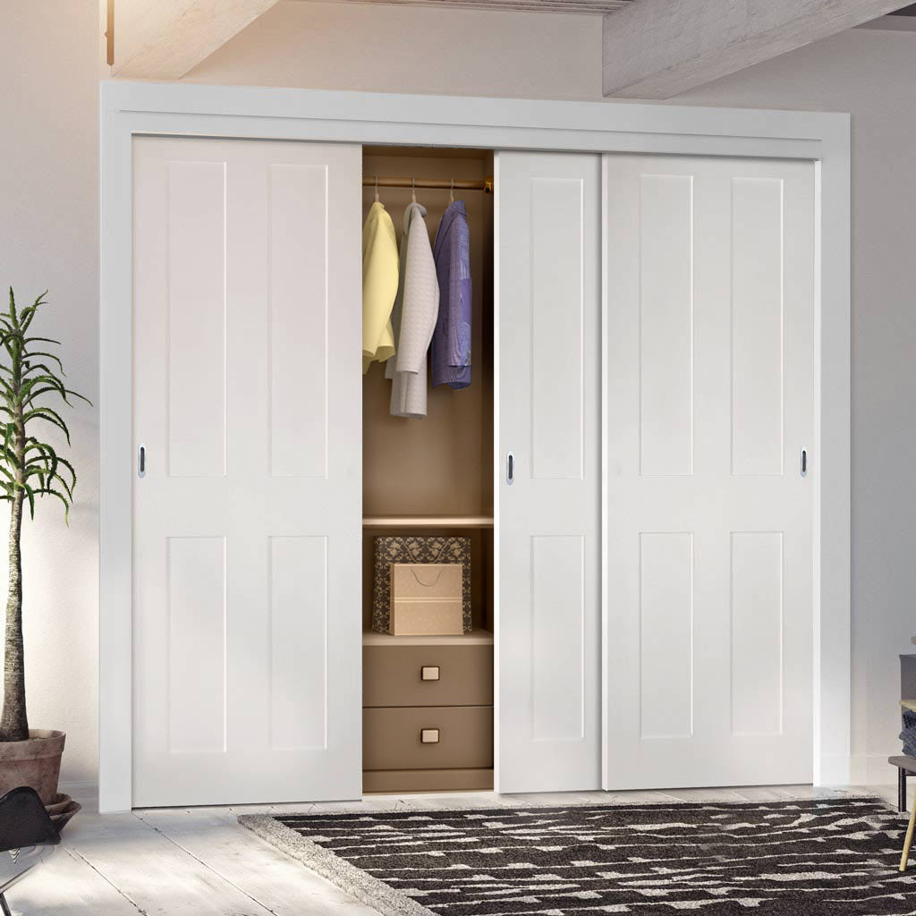 Three Sliding Maximal Wardrobe Doors & Frame Kit - Eton White Primed Victorian Shaker Door