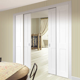 Image: Eton Victorian Shaker Staffetta Quad Telescopic Pocket Doors - White Primed