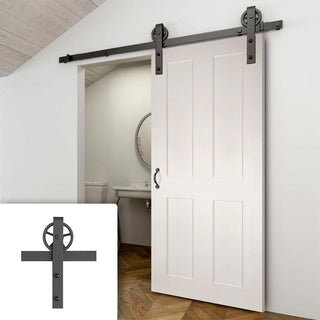 Image: Single Sliding Door & Wagon Wheel Black Track - Eton White Primed Victorian Shaker Door