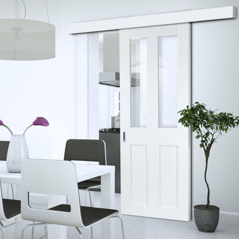 Single Sliding Door & Wall Track - Eton White Primed Victorian Shaker Door - Clear Glass