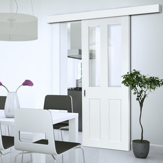 Image: Single Sliding Door & Wall Track - Eton White Primed Victorian Shaker Door - Clear Glass