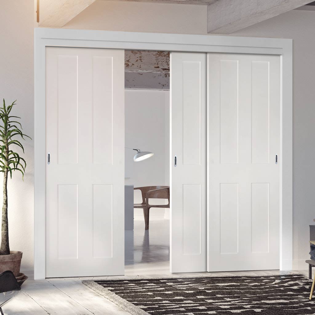 Pass-Easi Three Sliding Doors and Frame Kit - Eton White Primed Victorian Shaker Door