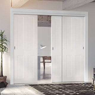 Image: Pass-Easi Three Sliding Doors and Frame Kit - Eton White Primed Victorian Shaker Door