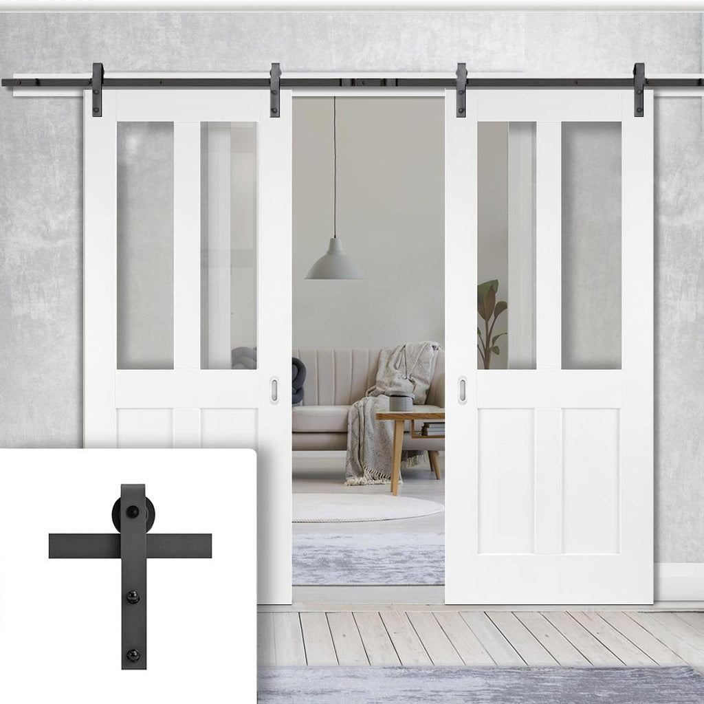 Double Sliding Door & Black Barn Track - Eton White Primed Victorian Shaker Door - Clear Safety Glass