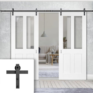 Image: Double Sliding Door & Black Barn Track - Eton White Primed Victorian Shaker Door - Clear Safety Glass