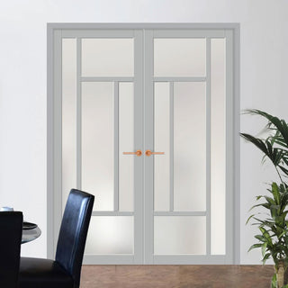 Image: Portobello 5 Pane Solid Wood Internal Door Pair UK Made DD6438SG Frosted Glass - Eco-Urban® Mist Grey Premium Primed
