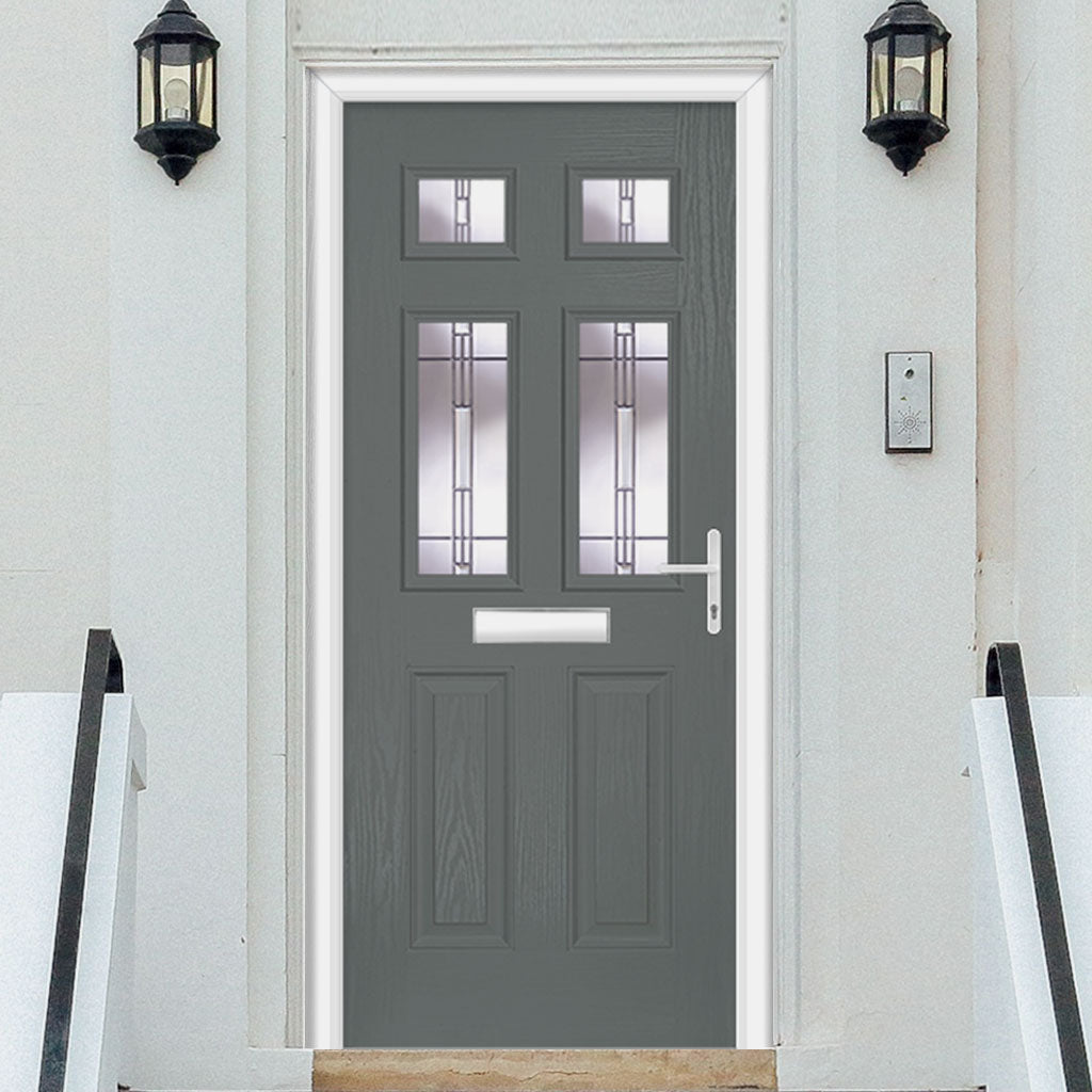 Premium Composite Front Door Set - Camarque 4 Barite Glass - Shown in Mouse Grey