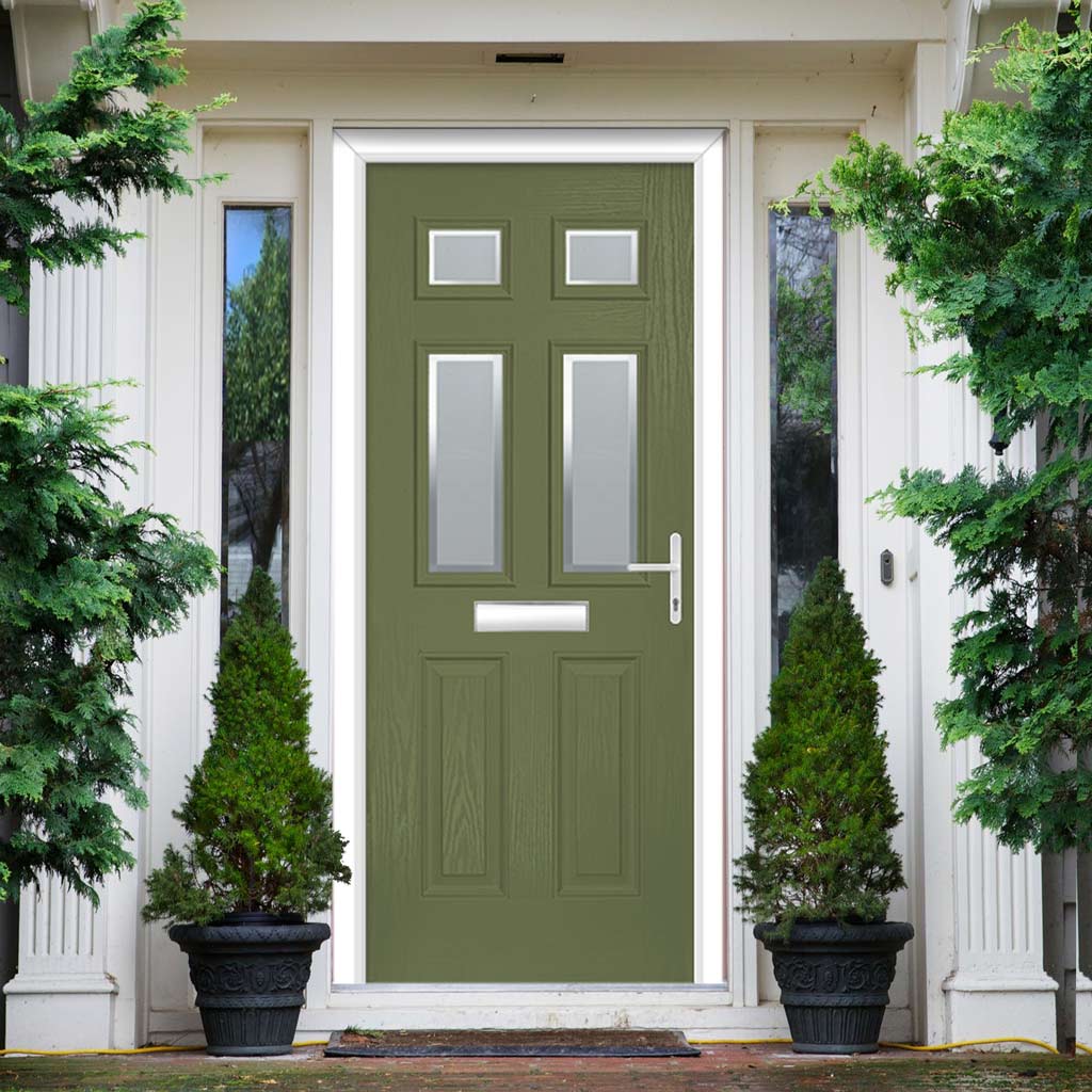 Premium Composite Front Door Set - Camarque 4 Ice Edge Glass - Shown in Reed Green