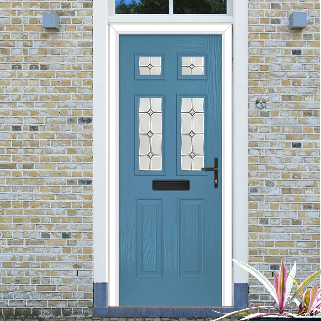 Premium Composite Front Door Set - Camarque 4 Mirage Glass - Shown in Pastel Blue