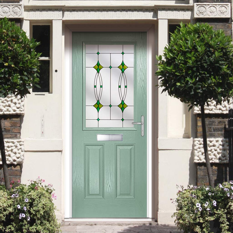 Premium Composite Front Door Set - Mulsanne 1 Laptev Green Glass - Shown in Chartwell Green